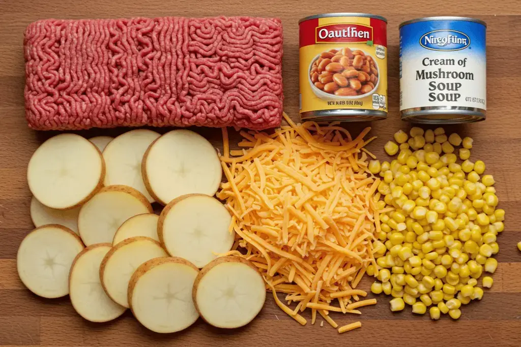 Cowboy casserole ingredients including ground beef, sliced potatoes, beans, corn, and shredded cheese laid out beside a slow cooker.