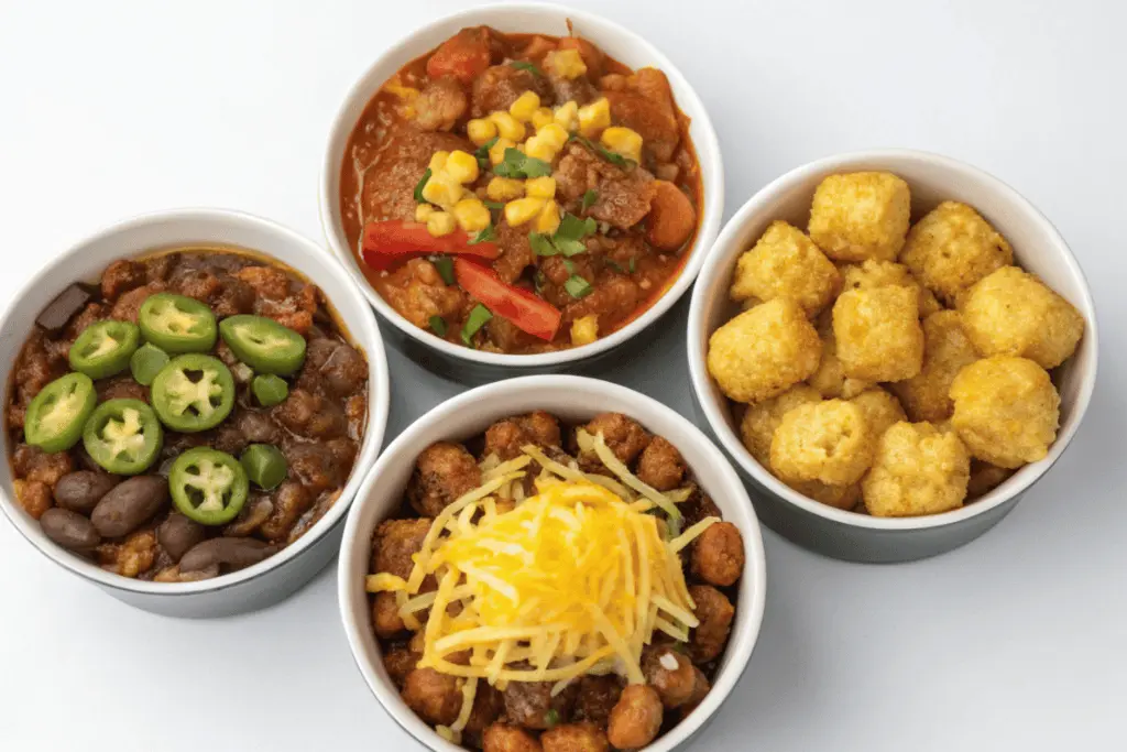 Four cowboy casserole variations in bowls: Tex-Mex, tater tot, vegetarian, and spicy versions.