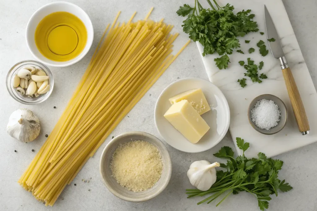 Ingredients for garlic butter noodles recipe on a kitchen counter.