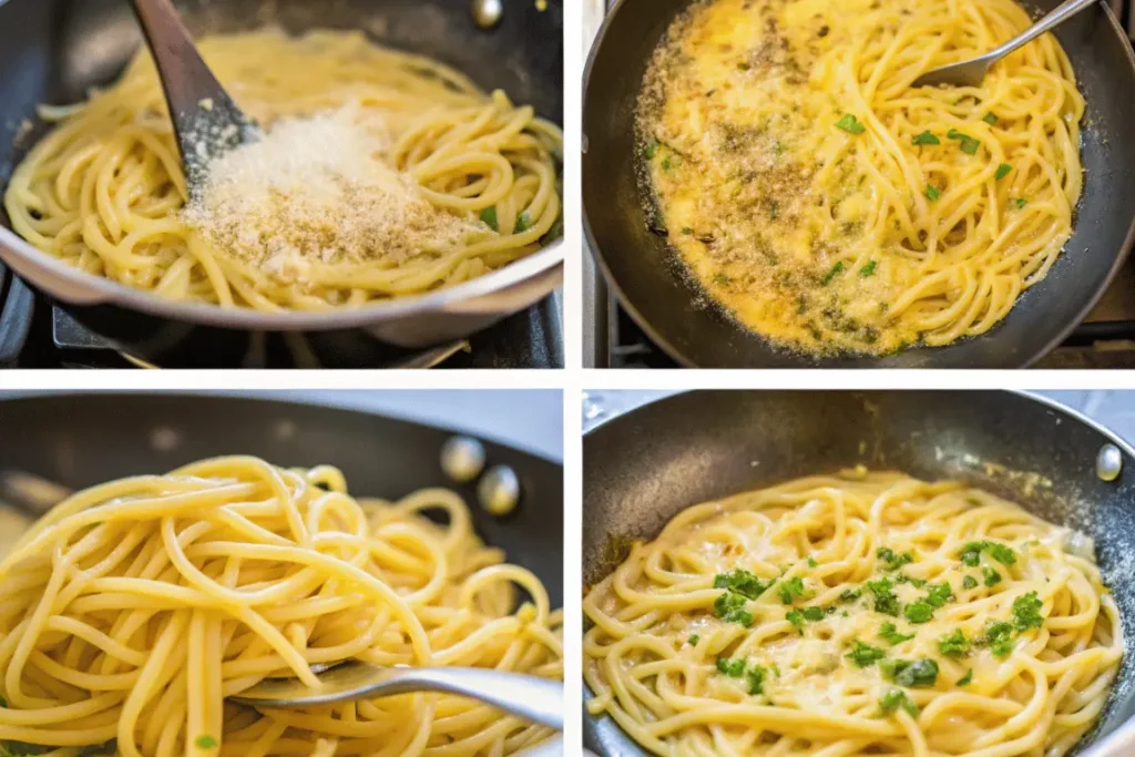 Step-by-step visuals for cooking garlic butter noodles recipe.