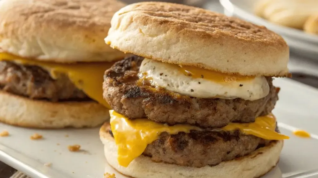 Carnivore breakfast sandwich with ground beef patties, egg, and cheese