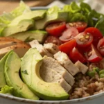 Bowl from one of our healthy ground turkey recipes with taco toppings