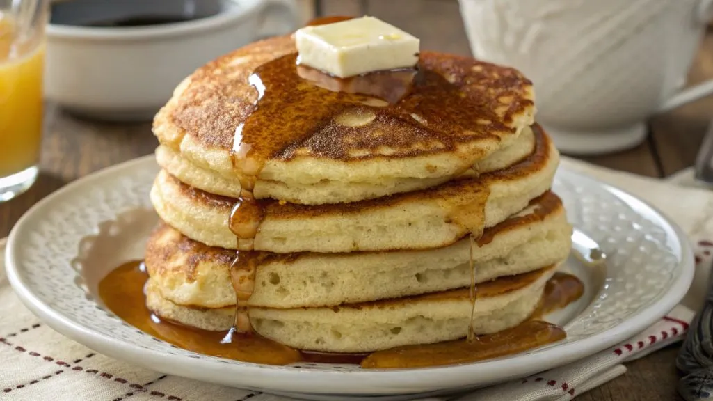 Southern hoe cakes recipe stacked on a plate with butter and syrup beside a cast iron skillet