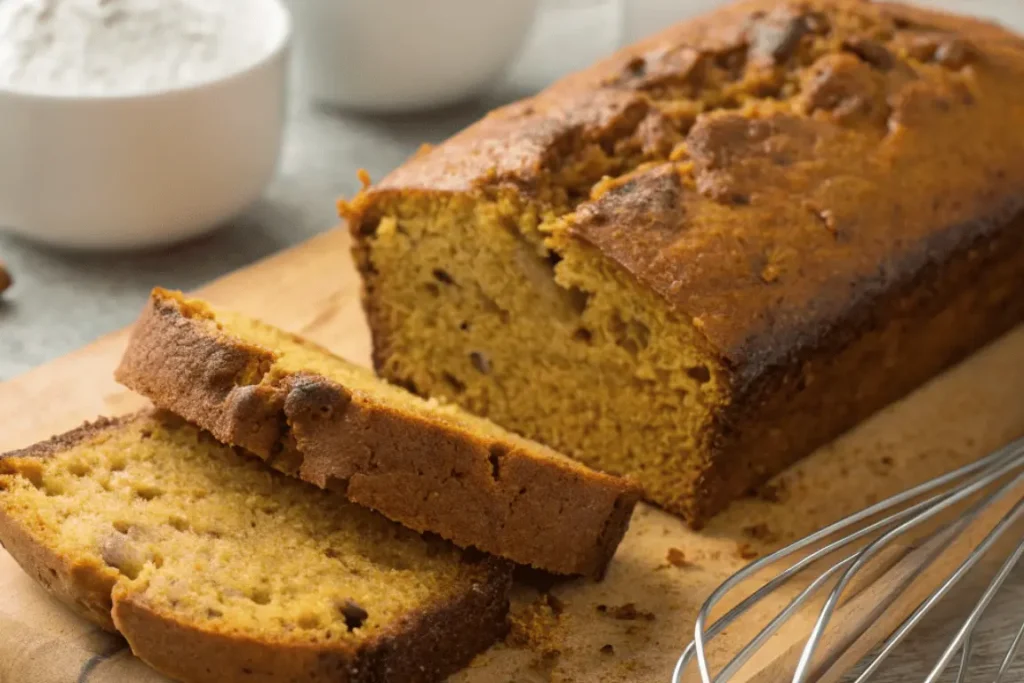 Close-up of moist pumpkin banana loaf with baking tools around
