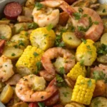 old bay seasoning shrimp boil recipe, corn, sausage, and potatoes on a tray