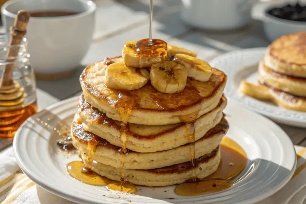 Fluffy pancakes stacked high and topped with sweet plantain slices and honey syrup , ideal for sweet plantain recipes