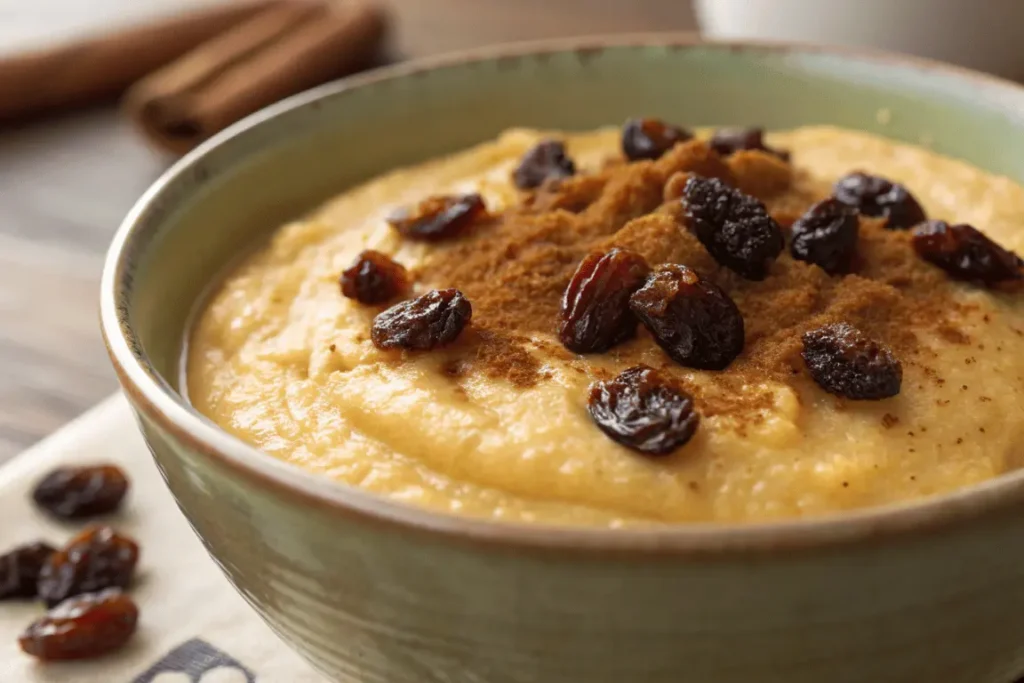 Sweet plantain pudding in a bowl, topped with cinnamon and raisins – sweet plantain recipes.