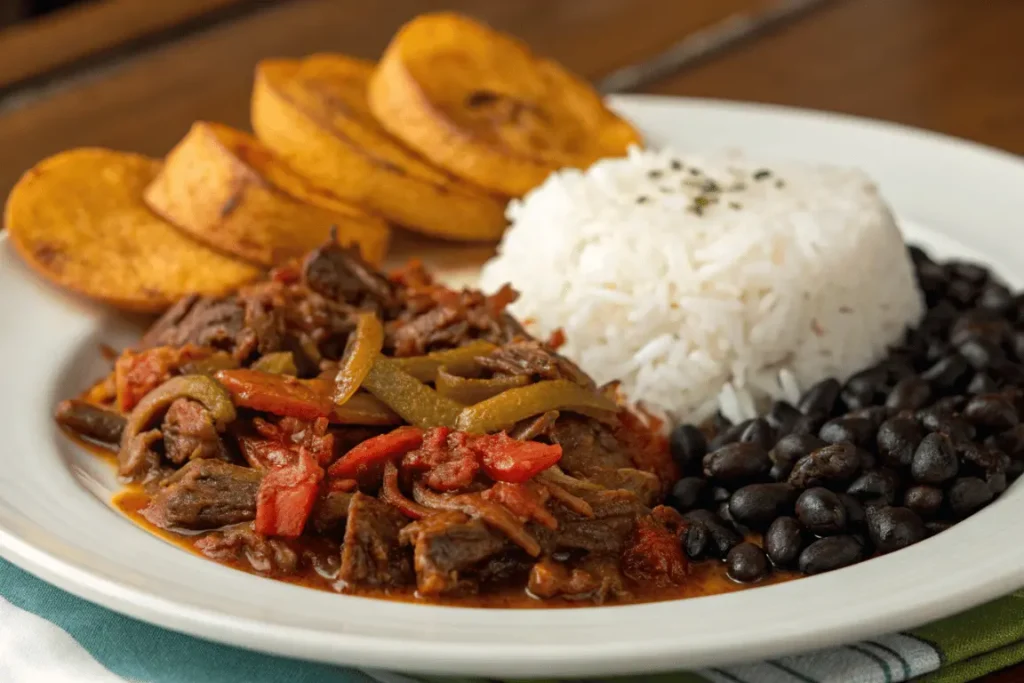 Plate of ropa vieja recipe slow cooker served with white rice, black beans, and fried plantains – classic Cuban comfort food