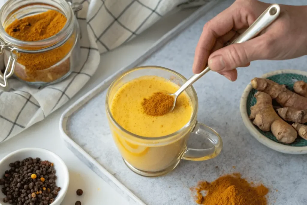 Step-by-step process of mixing a homemade natural Mounjaro tonic with kitchen herbs.