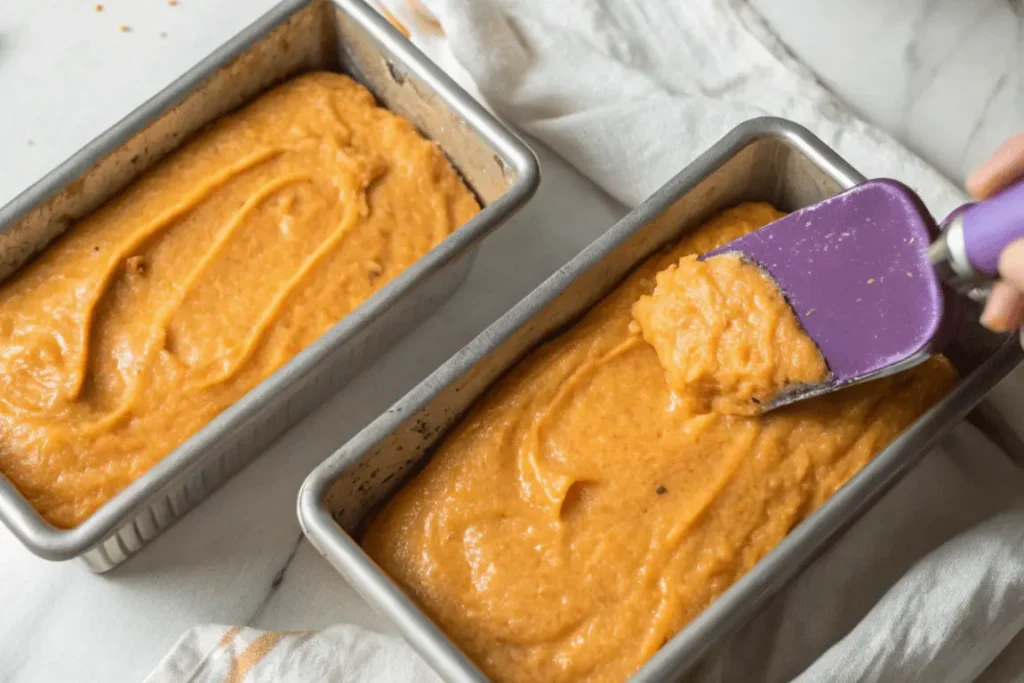 Pumpkin banana loaf batter being spread into metal loaf pans with a spatula on a marble countertop.