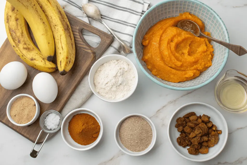 Flat-lay of pumpkin banana loaf ingredients on kitchen counter