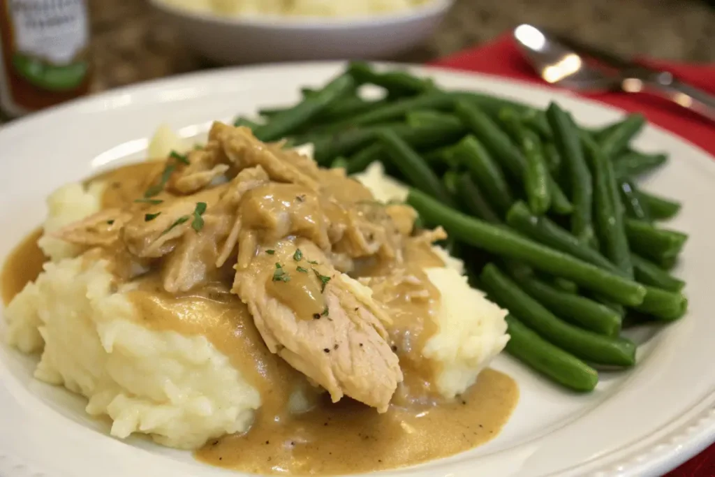 serving crockpot ranch chicken with mashed potatoes