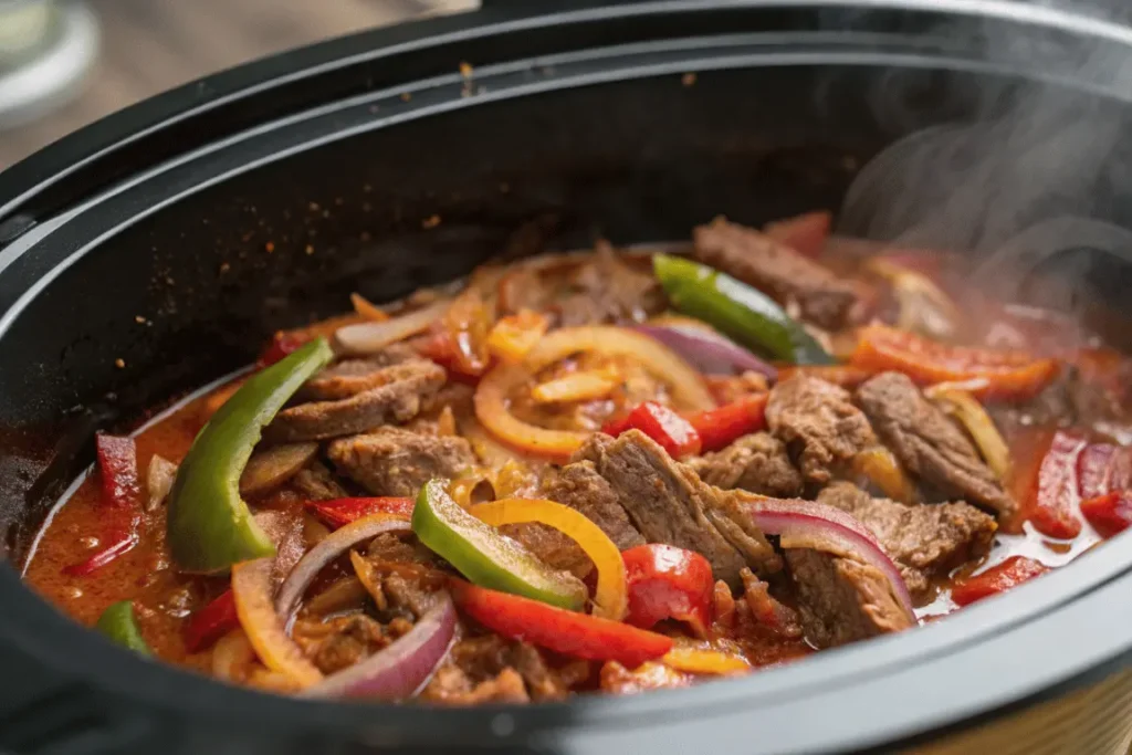 Slow-cooked ropa vieja recipe with beef, bell peppers, and onions simmering in a crockpot – ropa vieja recipe slow cooker