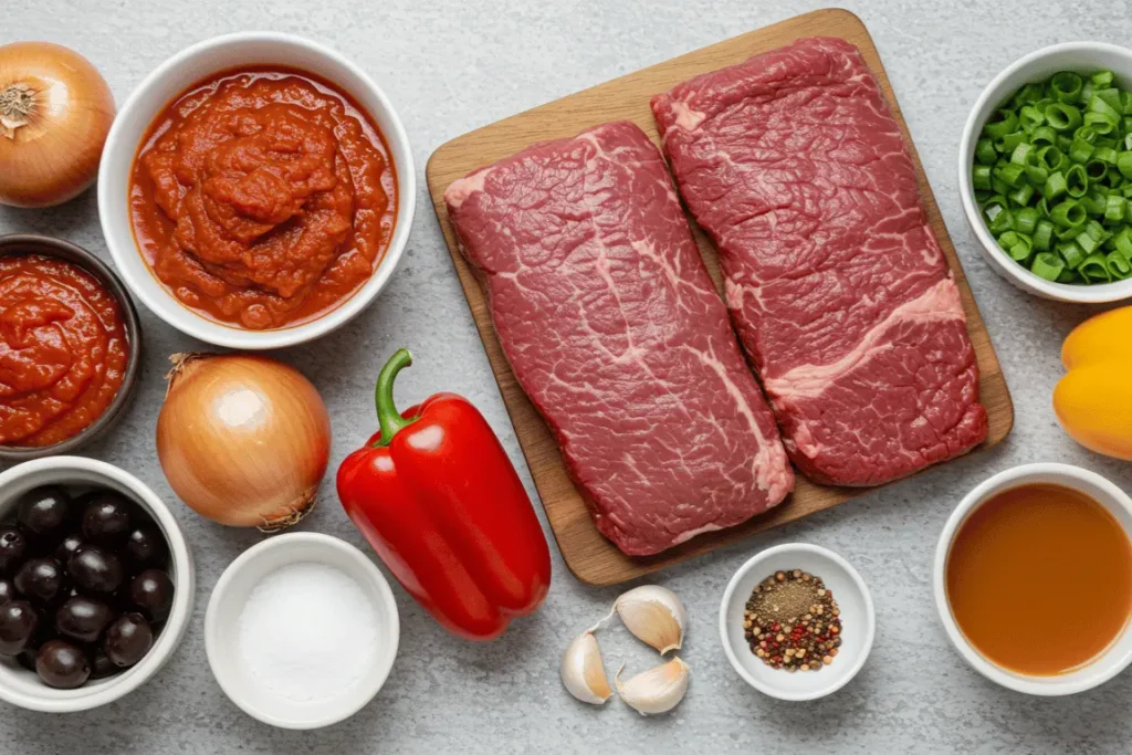 Ingredients for ropa vieja recipe slow cooker laid out on a countertop : flank steak, onions, peppers, tomato sauce, olives, and spices