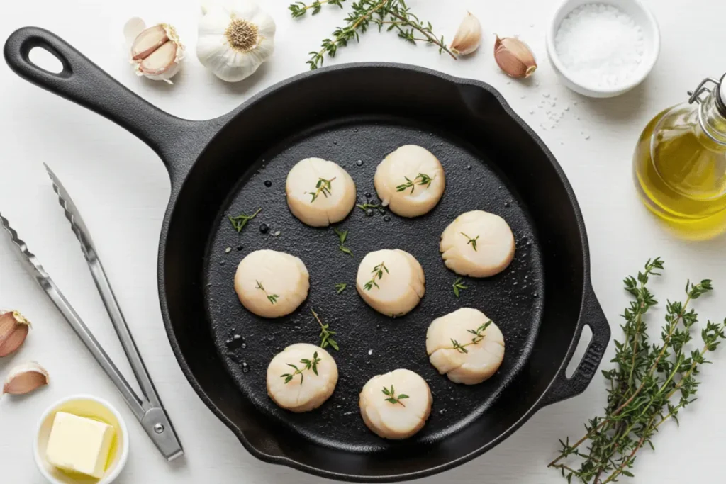 Scallop cooking tools and ingredients like skillet, butter, and herbs laid out on a kitchen surface
