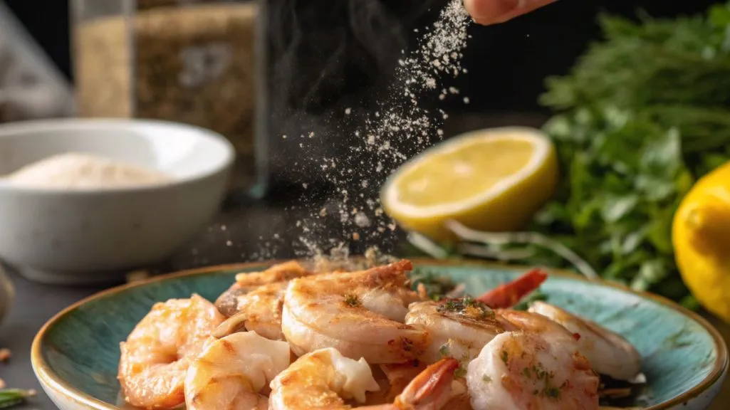 Old Bay seasoning being sprinkled onto shrimp for a flavorful shrimp boil recipe