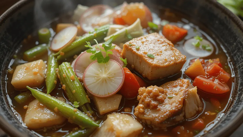 Pork sinigang recipe in traditional Filipino bowl with vegetables