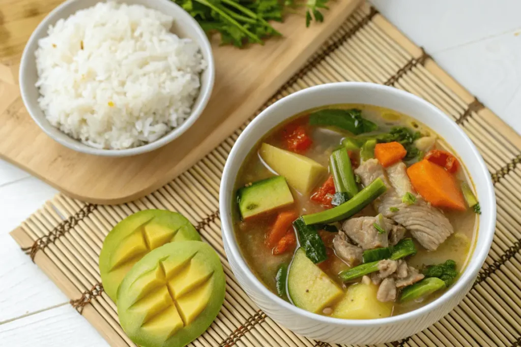 Sinigang recipe served with rice and side dishes