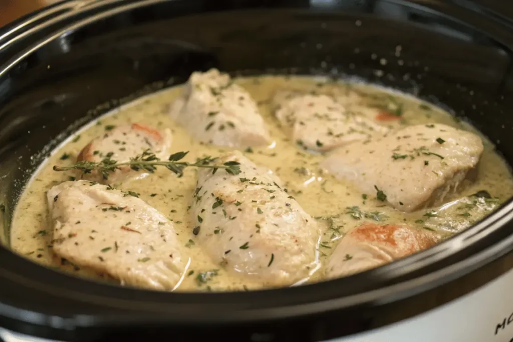 Chicken cooking in a creamy ranch sauce in the slow cooker