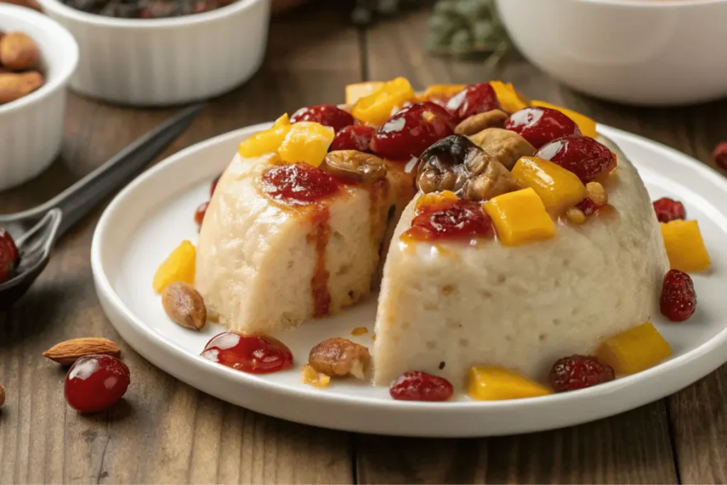Fully steamed traditional Ba Bao Fan recipe served with festive kitchen tools