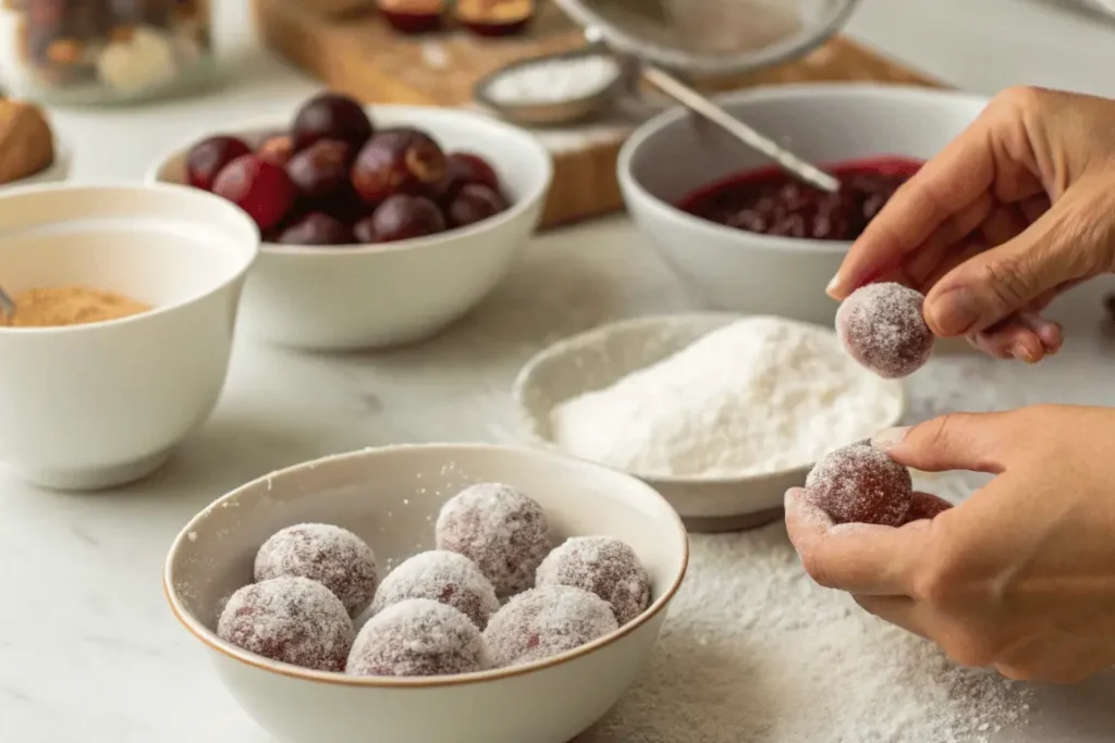 Hands forming balls from sugar plum recipe mix, ready for sugar coating.