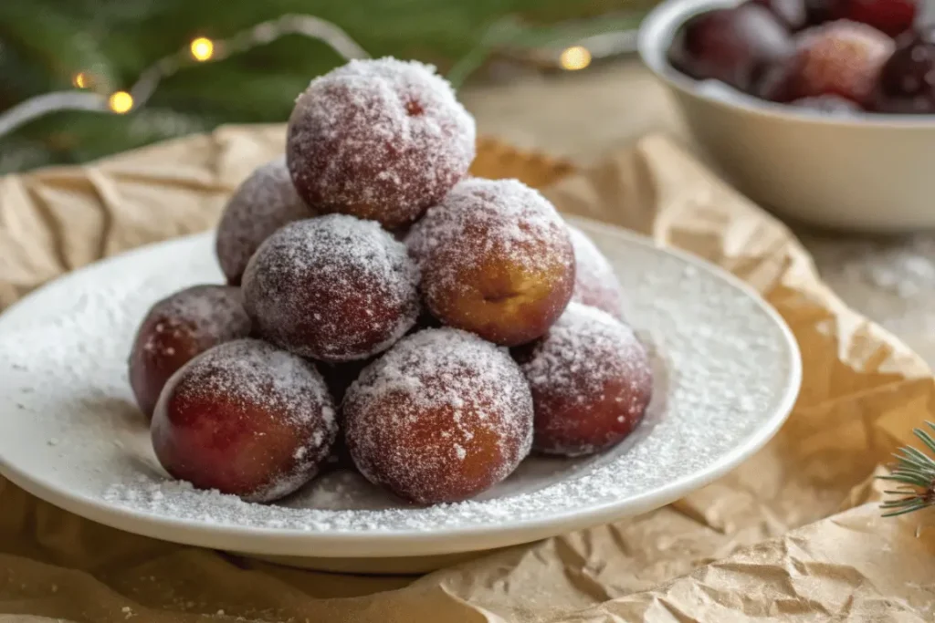 A stack of sugar plums dusted with powdered sugar on a white plate, beautifully styled for a festive sugar plum recipe.