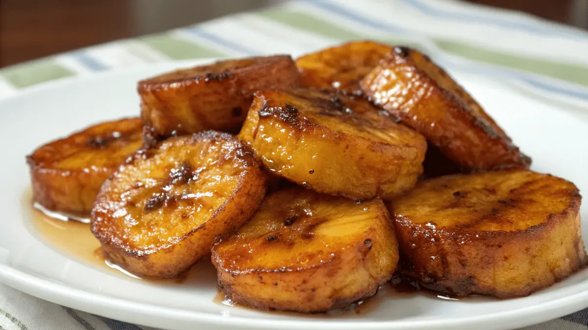 Sweet plantain slices glazed in caramelized syrup on a white plate, perfect for sweet plantain recipes