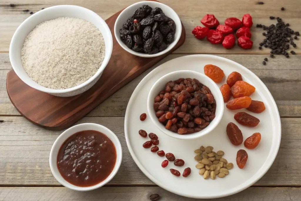 Ingredients for traditional Ba Bao Fan recipe including sticky rice, red bean paste, dried mango, dates, goji berries, and raisins