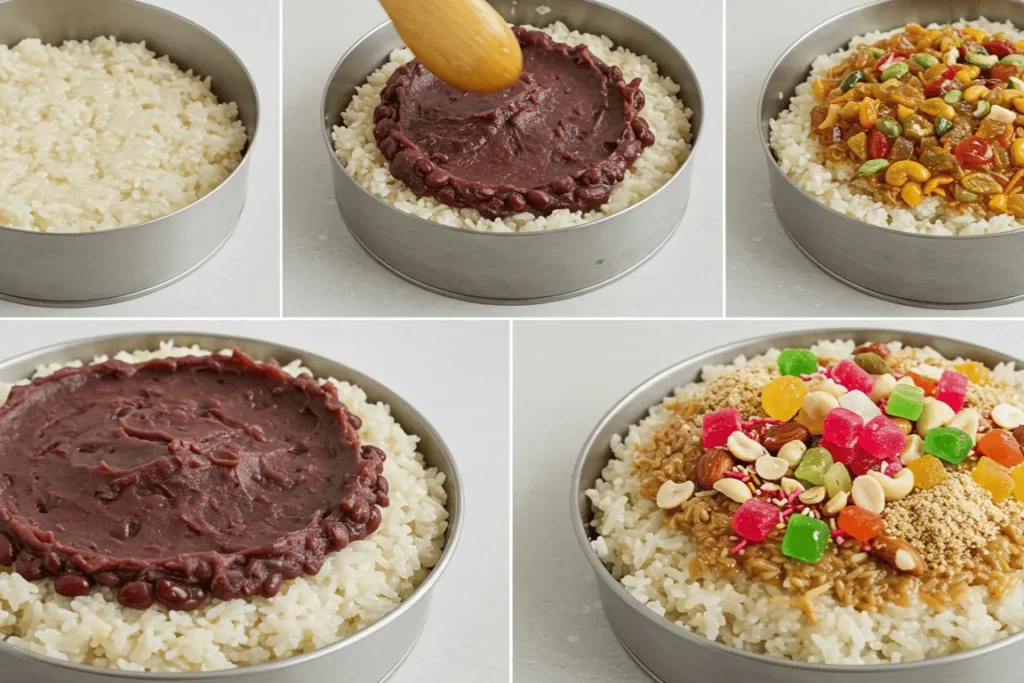 Layering red bean paste and sticky rice in a traditional Ba Bao Fan recipe