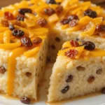 Sliced traditional Ba Bao Fan recipe topped with mango, raisins, and red dates on a plate, with syrup and condensed milk on the side