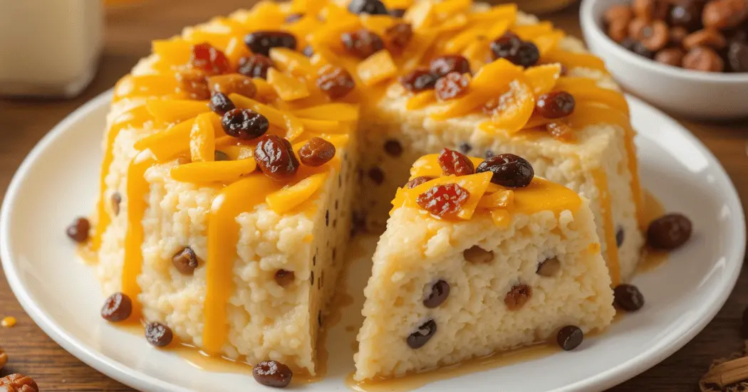 Sliced traditional Ba Bao Fan recipe topped with mango, raisins, and red dates on a plate, with syrup and condensed milk on the side