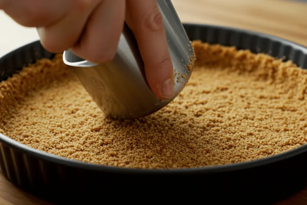 Pressing graham cracker crust for ube cheesecake recipe in a round pan.