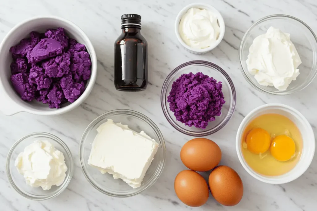 Ingredients layout for ube cheesecake recipe with ube halaya and cream cheese.