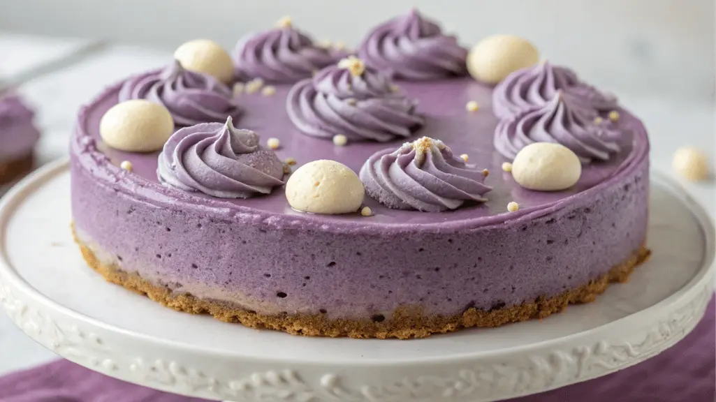 Beautifully styled ube cheesecake recipe with whipped cream and ube toppings.