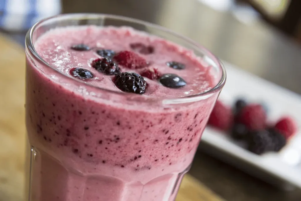 Glass of berry kefir smoothie topped with mixed frozen berries