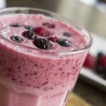 Glass of berry kefir smoothie topped with mixed frozen berries