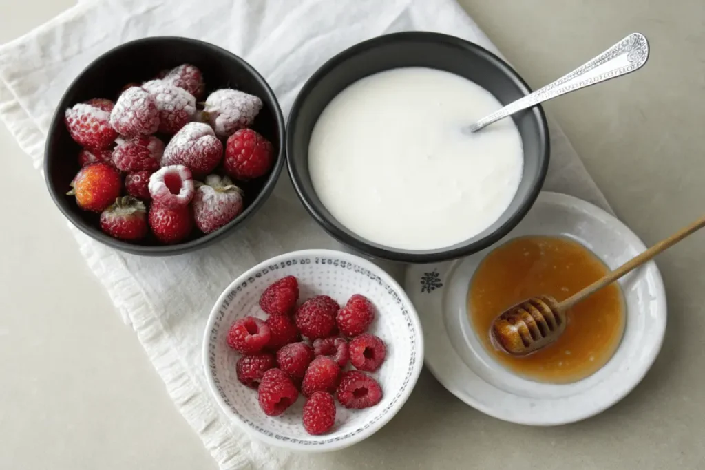 Essential ingredients for a berry kefir smoothie – frozen berries, probiotic-rich kefir, and honey