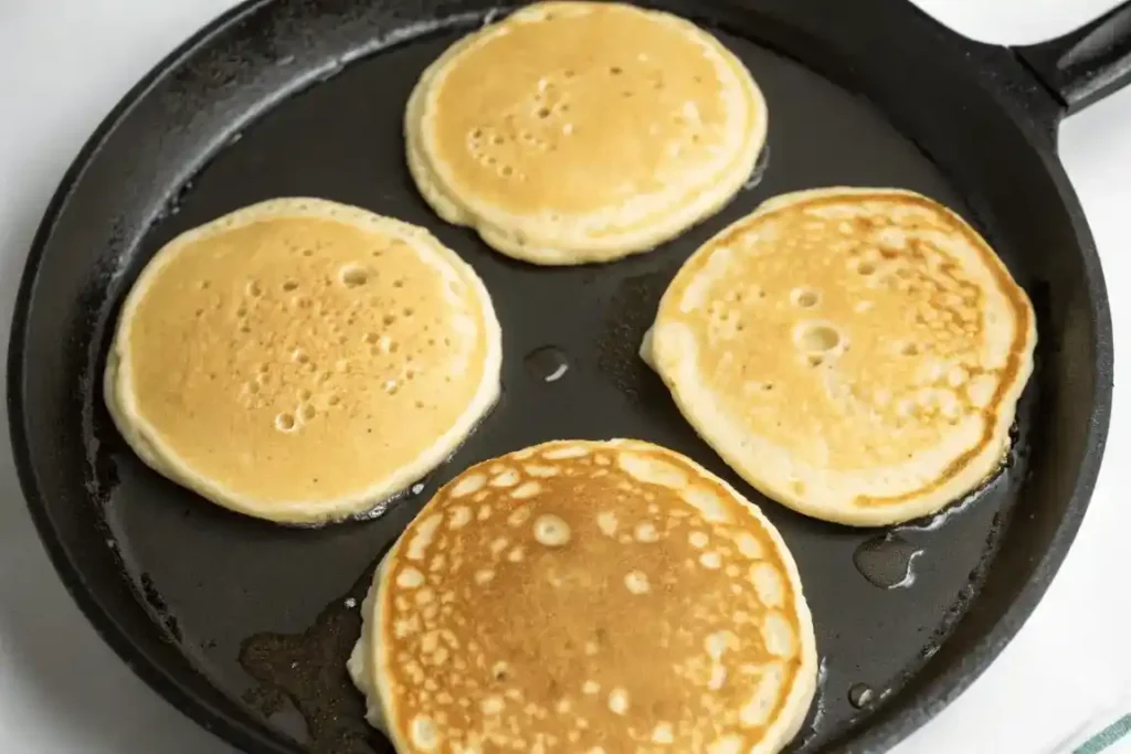 Four buckwheat pancakes cooking on a black skillet