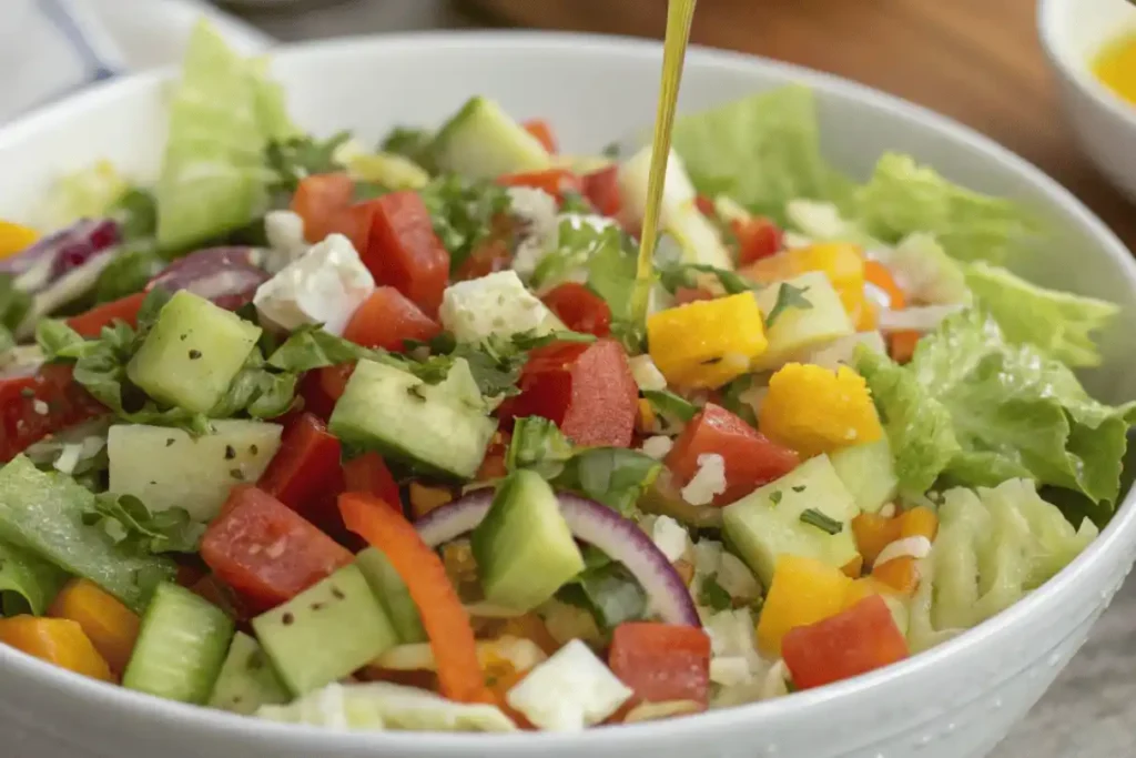 Olive oil dressing being poured over colorful chef salad with fresh vegetables