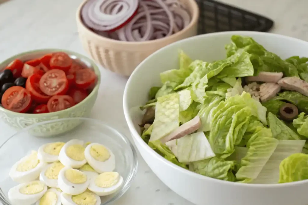 Chopped romaine lettuce, sliced eggs, tomatoes, olives, and onions for chef salad preparation
