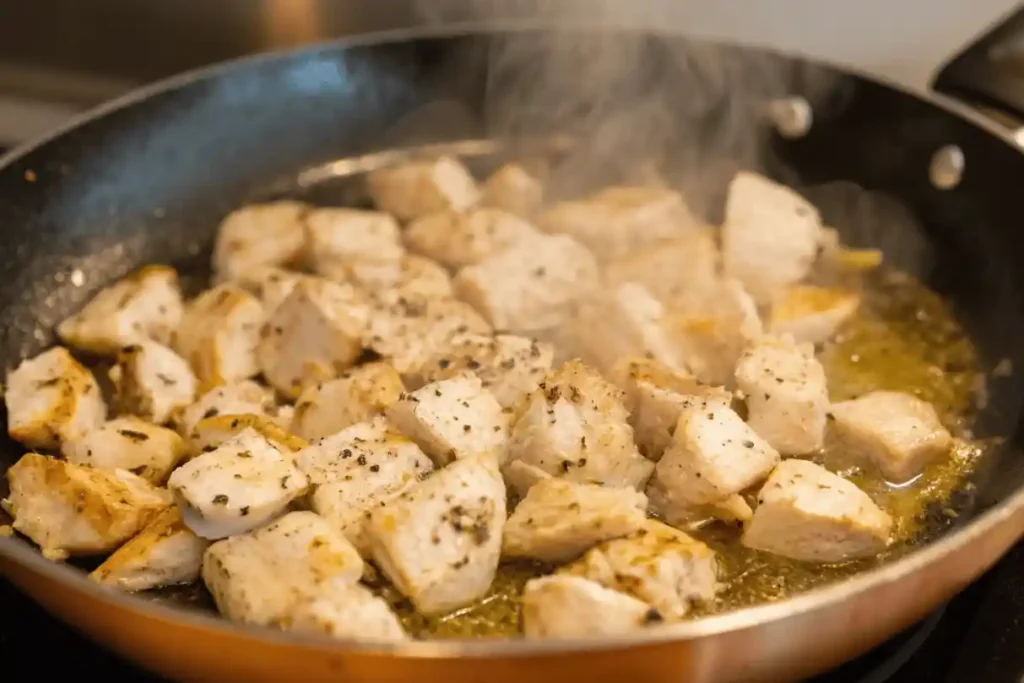 Diced chicken breast sizzling in a skillet with herbs and oil.