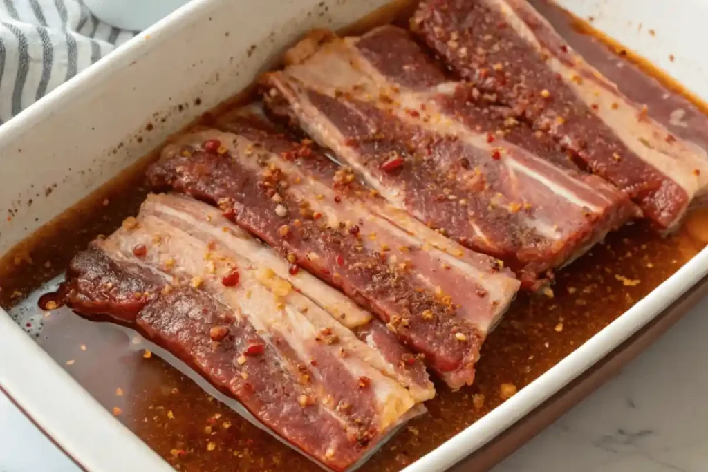 Flanken style ribs marinating in a Korean galbi sauce inside a ceramic baking dish