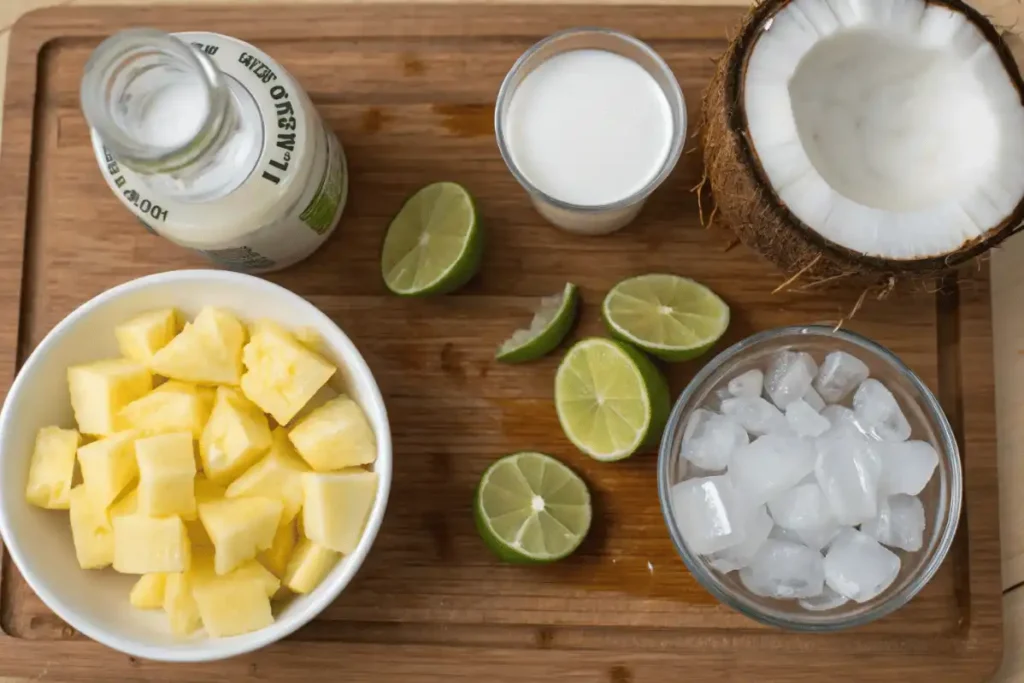 All ingredients for Coco Lopez piña colada recipe with coconut cream displayed on table