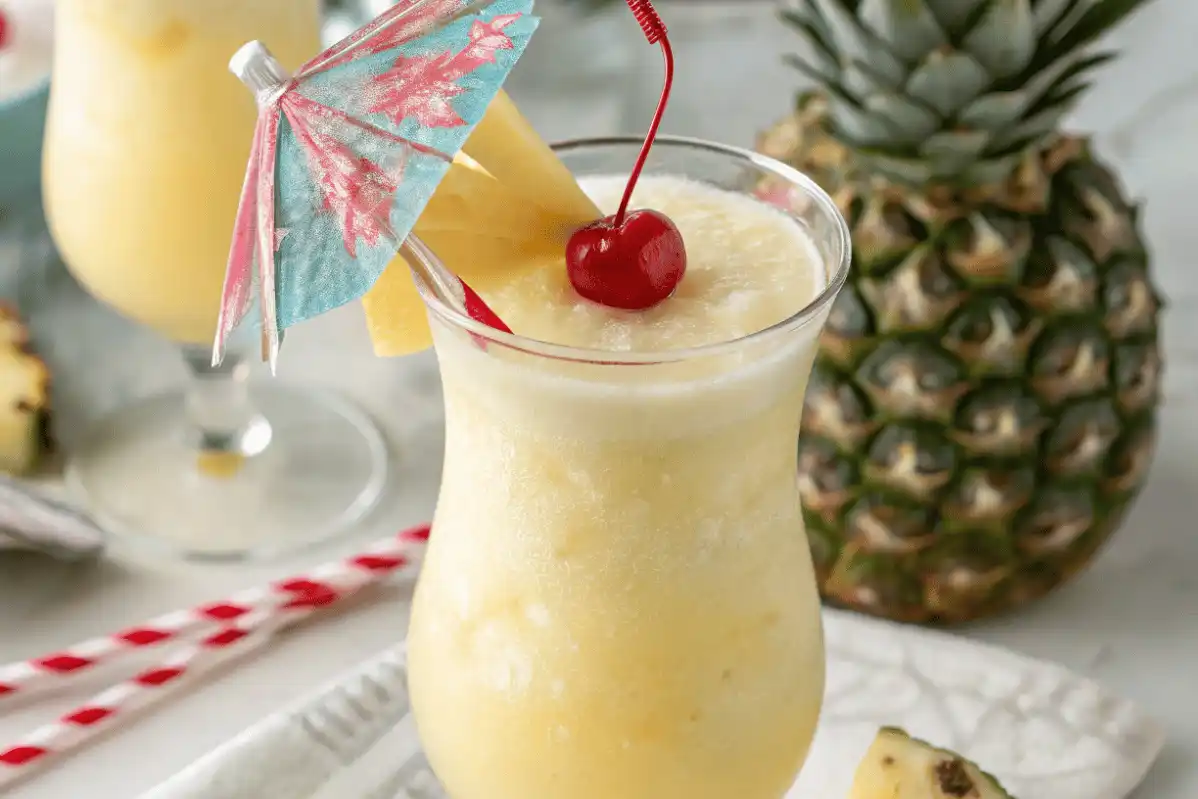 Coco Lopez piña colada recipe with coconut cream in a chilled glass with cherry and pineapple