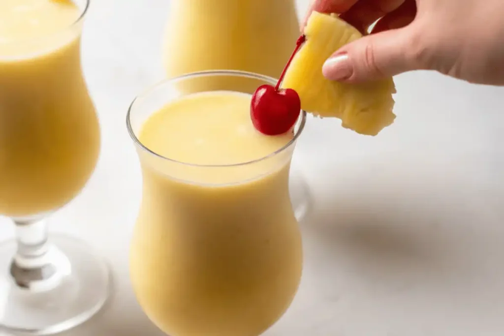 Garnishing Coco Lopez piña colada with pineapple and cherry for a creamy tropical finish