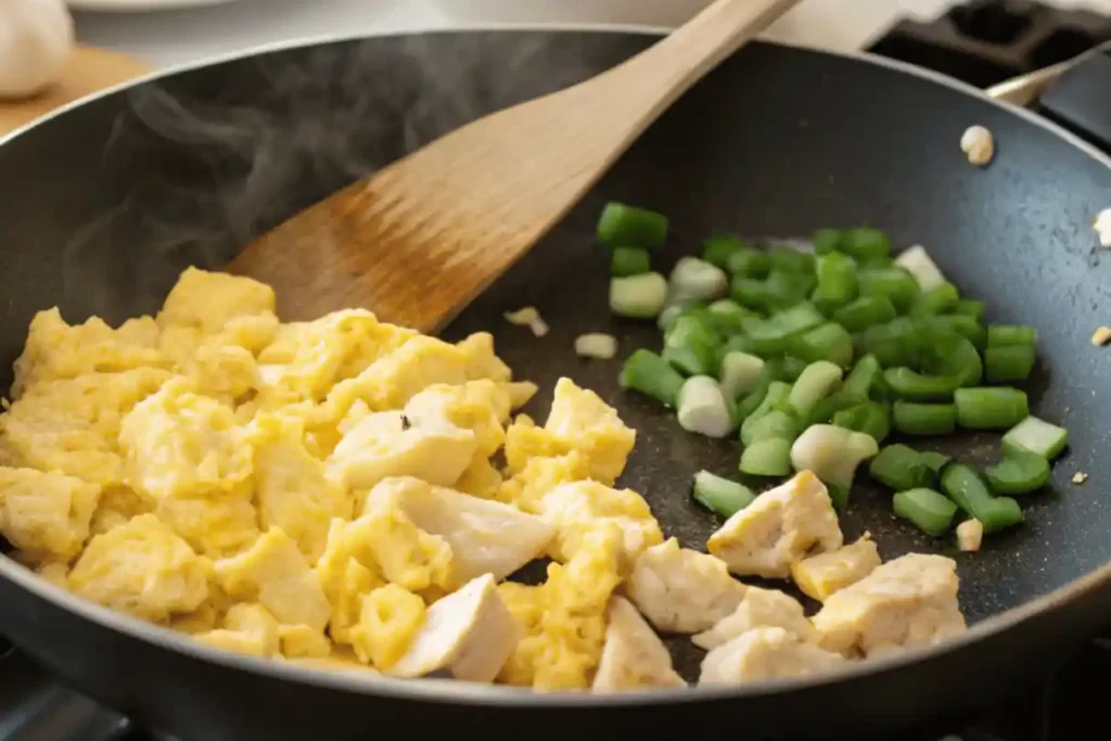 Scrambled eggs, tofu, and green onions cooking in skillet