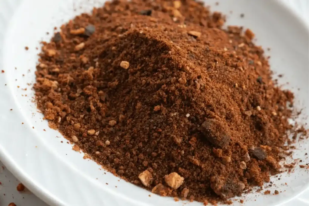 Close-up of smoky and sweet BBQ dry rub blend on a white plate for flanken style ribs