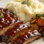 Flanken style ribs served with BBQ glaze and sides