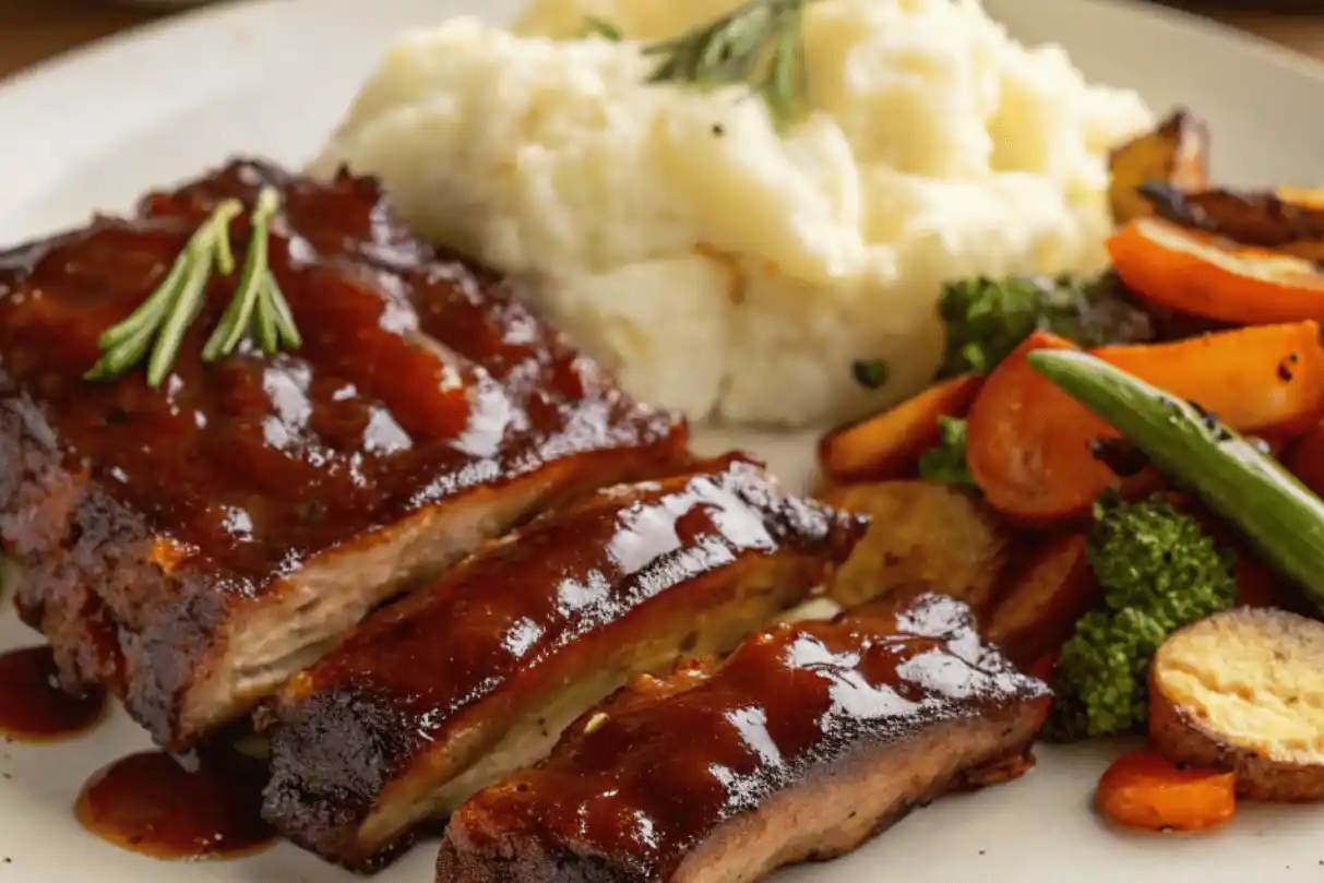 Flanken style ribs served with BBQ glaze and sides