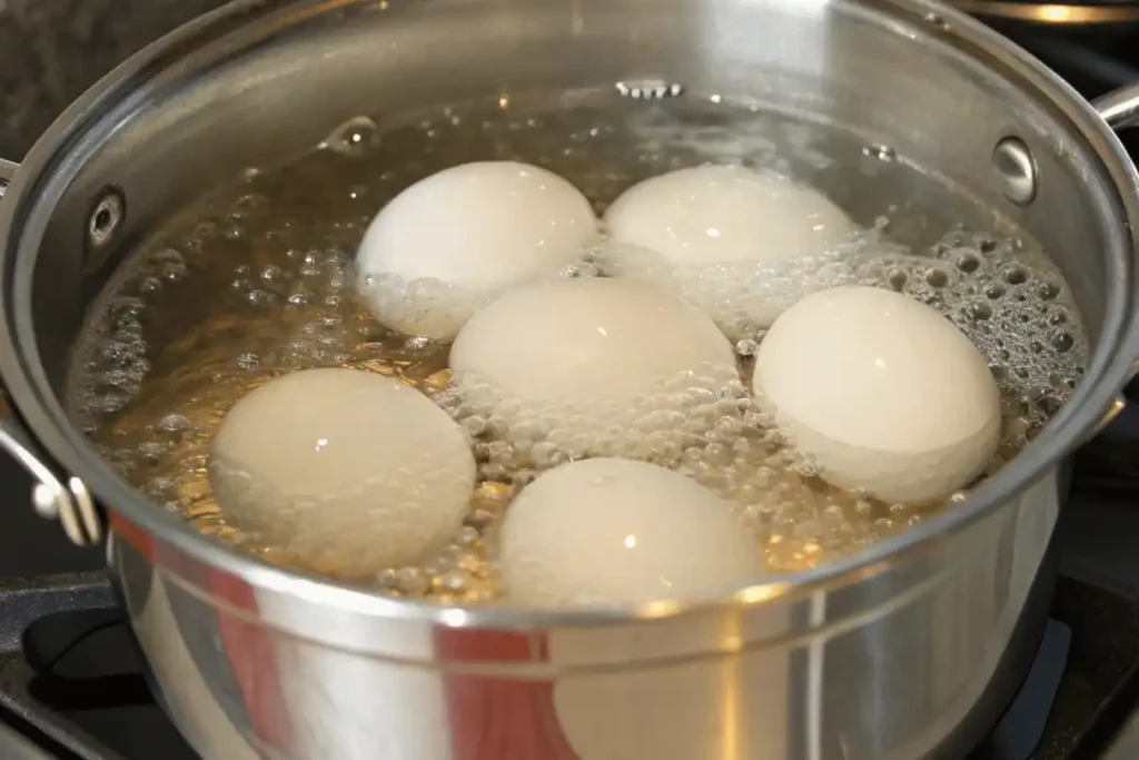 Hard-boiled eggs cooking in a pot during the boiling stage